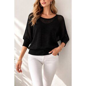 Chico’s Black Open Knit Sweater Top 3/4 Sleeve Lightweight Women’s Size 1